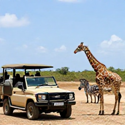 Caribbean Holidays, Cheap Safari Holidays, Friendly safari guide and travellers viewing zebras and giraffes from an open vehicle, clear daylight, realistic holiday photograph