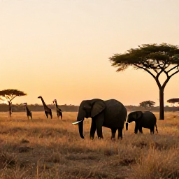 Caribbean Holidays, Cheap Safari Holidays, Open African savannah at sunrise with elephants and giraffes in the distance, natural colours, realistic travel photography