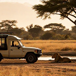 Caribbean Holidays, Cheap Safari Holidays, Wide wildlife reserve with safari vehicle watching lions near a watering hole during golden afternoon light