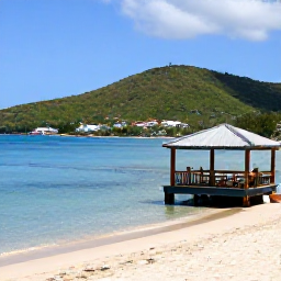 Caribbean Holidays, Cheap Saint Kitts Holidays, Beautiful South Friars Bay beach on Saint Kitts with calm blue sea, green hills and a simple beach bar