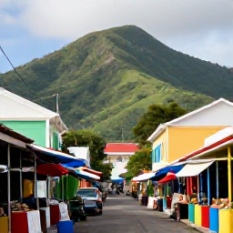 Caribbean Holidays, Cheap Saint Kitts Holidays, Historic Basseterre street with colourful buildings, market stalls and the green slopes of Mount Liamuiga in the distance