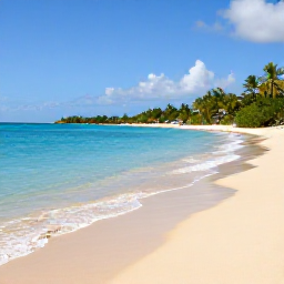 Caribbean Holidays, Cheap Saint Kitts Holidays, Quiet golden beach on Saint Kitts with clear turquoise water, palm trees and a distant view of Nevis