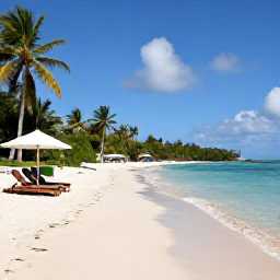 Caribbean Holidays, Cheap Saint Kitts Holidays, Quiet palm-fringed beach on Saint Kitts with clear shallow water, sun loungers and a small local caf&eacute;