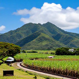 Caribbean Holidays, Cheap Saint Kitts Holidays, Scenic railway winding through sugar cane fields on Saint Kitts beneath green mountains and a bright blue sky