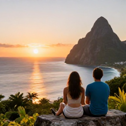 Caribbean Holidays, Cheap Saint Lucia, A couple watching the sunset over Saint Lucia&rsquo;s coastline from a scenic viewpoint, with the Pitons visible in the distance