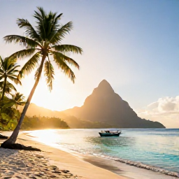 Caribbean Holidays, Cheap Saint Lucia, A quiet Caribbean beach in Saint Lucia at sunrise, with palm trees, clear turquoise water and a small local fishing boat