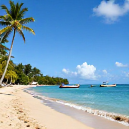 Caribbean Holidays, Cheap Saint Lucia, A sunny Saint Lucian beach with calm turquoise water, palm trees and colourful local fishing boats
