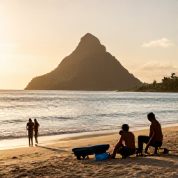 Caribbean Holidays, Cheap Saint Lucia, Relaxed Saint Lucia beach scene at golden hour with travellers enjoying the sea and warm evening light