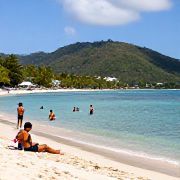 Caribbean Holidays, Cheap Saint Lucia, Travellers swimming and relaxing on a beautiful sandy beach in Saint Lucia, with lush hills in the background