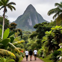 Caribbean Holidays, Cheap Saint Lucia, Travellers walking on a scenic Saint Lucia trail with the Pitons rising above lush green rainforest