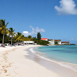 Caribbean Holidays, Cheap Saint Martin, A bright Caribbean beach on Saint Martin with calm turquoise water, palm trees, and a relaxed holiday atmosphere