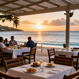 Caribbean Holidays, Cheap Saint Martin, A casual beachfront restaurant at sunset on Saint Martin serving fresh local food to holidaymakers