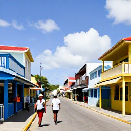 Caribbean Holidays, Cheap Saint Martin, Budget-conscious visitors exploring Philipsburg and Marigot on foot, with colourful buildings, shops and a sunny Caribbean street scene