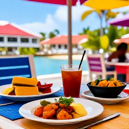 Caribbean Holidays, Cheap Saint Martin, Colourful affordable local meal at an outdoor restaurant in Grand Case or Philipsburg on Saint Martin, with Caribbean dishes and a relaxed atmosphere