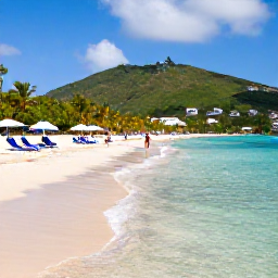 Caribbean Holidays, Cheap Saint Martin, Travellers enjoying a beautiful free Caribbean beach on Saint Martin with clear shallow water, sun loungers and green hills in the background