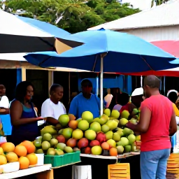 Caribbean Holidays, Cheap Saint Vincent Holidays, A local Caribbean market in Kingstown with fresh tropical fruit, colourful stalls and friendly vendors, natural daylight, realistic travel photograph