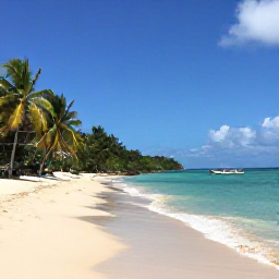 Caribbean Holidays, Cheap Saint Vincent Holidays, A quiet tropical beach in the Grenadines with clear turquoise water, palm trees and a small traditional boat offshore, realistic Caribbean holiday photograph