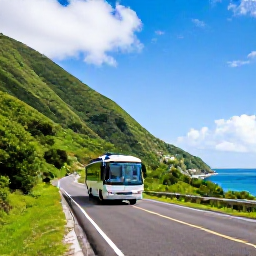 Caribbean Holidays, Cheap Saint Vincent Holidays, A scenic Caribbean bus travelling along a coastal road beneath lush green hills on Saint Vincent, blue sea in the distance, realistic travel photography