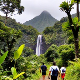 Caribbean Holidays, Cheap Saint Vincent Holidays, Hikers walking through lush rainforest towards a waterfall on Saint Vincent, with volcanic mountains and tropical vegetation