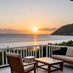 Caribbean Holidays, Cheap Saint Vincent Holidays, Relaxed Caribbean guesthouse terrace overlooking the sea on Saint Vincent at sunset, with simple comfortable furnishings