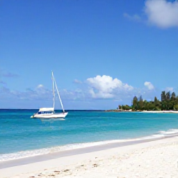 Caribbean Holidays, Cheap Saint Vincent Holidays, Small sailing boat approaching a beautiful Grenadine island with white beach, turquoise sea and sunny Caribbean sky