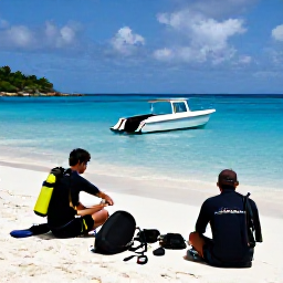 Caribbean Holidays, Cheap Scuba Diving, A friendly Caribbean dive centre beside a sunny beach, with divers preparing equipment and a small boat offshore