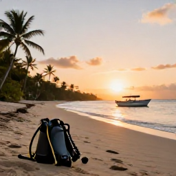 Caribbean Holidays, Cheap Scuba Diving, A relaxed Caribbean beach at sunset with scuba gear beside a small boat and palm trees along the shore