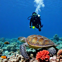Caribbean Holidays, Cheap Scuba Diving, A scuba diver swimming above a shallow Caribbean reef with sea turtles, bright coral and schools of tropical fish