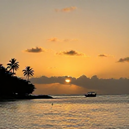 Caribbean Holidays, Cheap September Antigua, Peaceful sunset over Antigua coastline in September, golden sky, calm sea, palm silhouettes and a small boat offshore