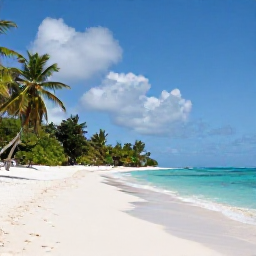 Caribbean Holidays, Cheap September Antigua, Relaxed white-sand beach in Antigua during September, calm turquoise sea, a few soft clouds and lush tropical vegetation