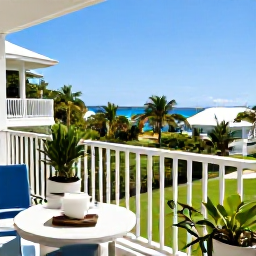 Caribbean Holidays, Cheap September Bermuda, A comfortable affordable hotel room in Bermuda with a balcony overlooking tropical gardens and a sunny coastal landscape