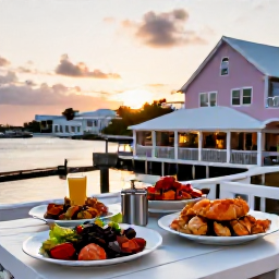 Caribbean Holidays, Cheap September Bermuda, A relaxed outdoor restaurant in Bermuda serving fresh seafood at sunset, with pastel buildings and a calm harbour in the background