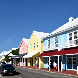 Caribbean Holidays, Cheap September Bermuda, Visitors exploring Hamilton, Bermuda, with pastel colonial buildings, a waterfront street and local shops on a bright day