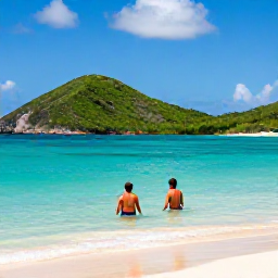Caribbean Holidays, Cheap September Guadeloupe, A couple swimming in clear turquoise water beside a quiet Guadeloupe beach, with green hills in the background