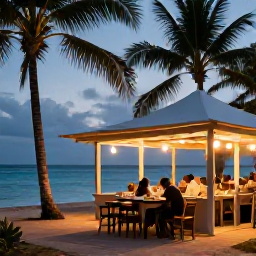 Caribbean Holidays, Cheap September Guadeloupe, A relaxed evening at a small Guadeloupe restaurant beside the sea, with local food, warm light and palm trees