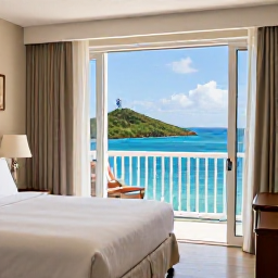 Caribbean Holidays, Cheap September Holidays, A comfortable Caribbean hotel room opening onto a balcony with a sea view in the United States Virgin Islands during September