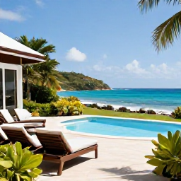 Caribbean Holidays, Cheap September Holidays, A comfortable Martinique hotel terrace with a swimming pool, tropical gardens and a view towards the Caribbean Sea during a bright September afternoon