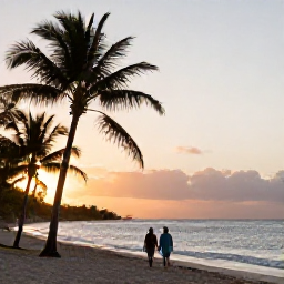 Caribbean Holidays, Cheap September Holidays, A couple walking along a peaceful Dominican Republic beach at sunset, with palm silhouettes, warm light and calm Caribbean waves