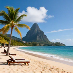 Caribbean Holidays, Cheap September Holidays, A quiet golden beach in Saint Lucia with turquoise water, palm trees and a few affordable sun loungers