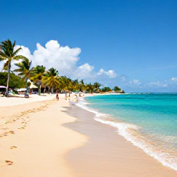 Caribbean Holidays, Cheap September Holidays, A relaxed September beach scene on Saint Kitts with calm turquoise water, golden sand, palm trees and a few holidaymakers
