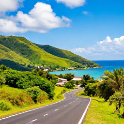 Caribbean Holidays, Cheap September Holidays, A scenic Martinique coastal road overlooking green hills, a calm bay and a small traditional village beneath bright tropical skies