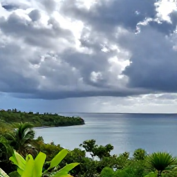 Caribbean Holidays, Cheap September Holidays, Caribbean island coastline with tropical vegetation, dramatic clouds and a calm sheltered bay during September