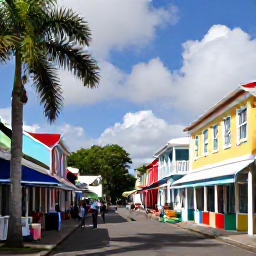 Caribbean Holidays, Cheap September Holidays, Colourful Basseterre street scene in Saint Kitts with historic Georgian buildings, local shops, palm trees and visitors exploring