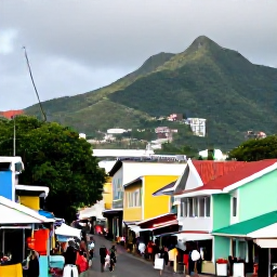 Caribbean Holidays, Cheap September Holidays, Colourful waterfront street and lively local market in Kingstown, Saint Vincent, with Caribbean buildings and tropical mountains