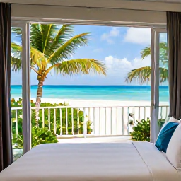 Caribbean Holidays, Cheap September Holidays, Comfortable affordable hotel room near a tropical beach in the Turks and Caicos Islands, with a small balcony and palm trees outside