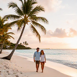Caribbean Holidays, Cheap September Holidays, Happy couple walking along a quiet Caribbean beach at sunset, warm light, palm trees and calm turquoise sea