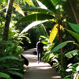 Caribbean Holidays, Cheap September Holidays, Lush rainforest trail in Tobago with a local guide, tropical foliage, wooden path and dappled September sunlight