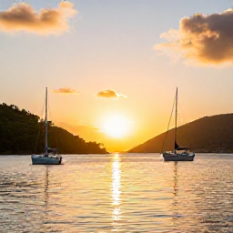 Caribbean Holidays, Cheap September Holidays, Peaceful British Virgin Islands sunset over a calm bay, anchored boats, green hills and warm golden evening light