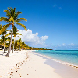 Caribbean Holidays, Cheap September Holidays, Punta Cana coastline in the Dominican Republic with white sand, palm trees and calm blue sea under a tropical sky