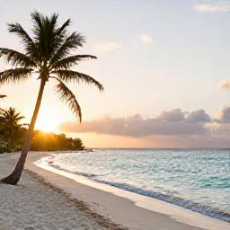 Caribbean Holidays, Cheap September Holidays, Quiet Caribbean beach at sunrise in September, calm turquoise water, palm trees and soft golden light
